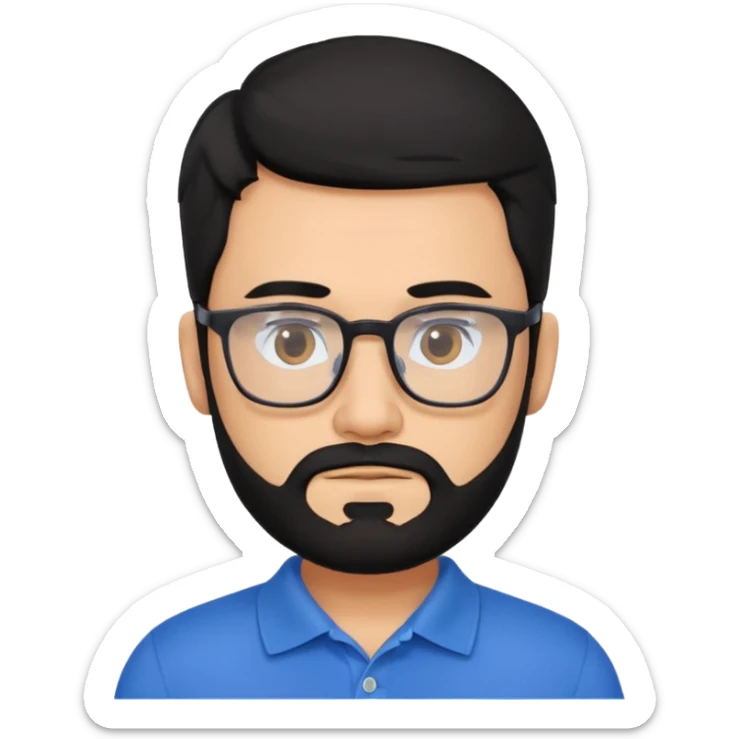 A tanned bearded man with black hair wearing glasses and a blue polo sticker