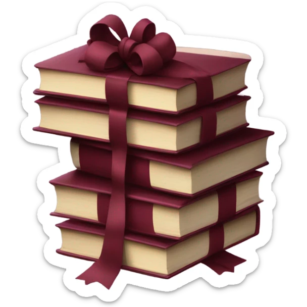 burgundy books stacked up and tied together by a burgundy bow sticker