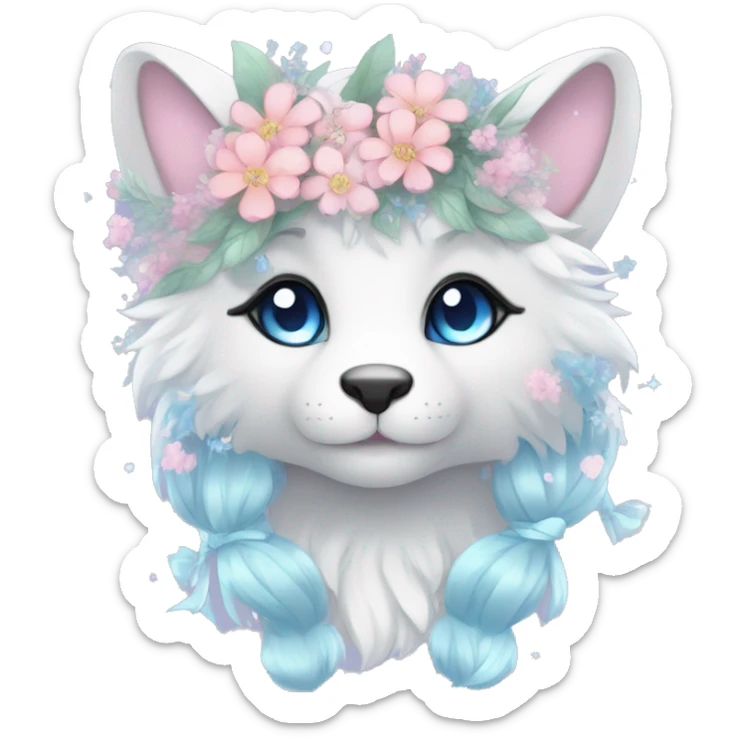 Anthro Cute Cool Pastel Kawaii gorgeous sparkly ethereal fantasy animal creature with blue eyes furry sona with flowers and ribbons beautiful aesthetic sticker
