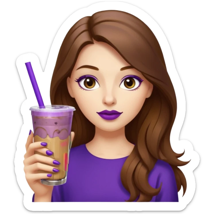 girl with long brown hair, wine lipstick, gold nail polish, drinking a blueberry butter pecan iced coffee with a purple straw  sticker
