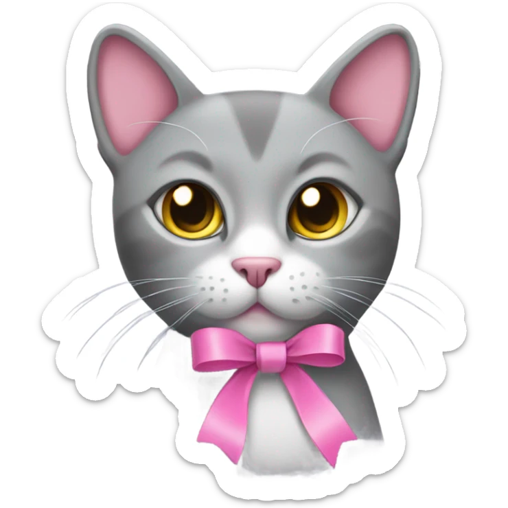 a grey cat with a pink ribbon on the right side of its head sticker