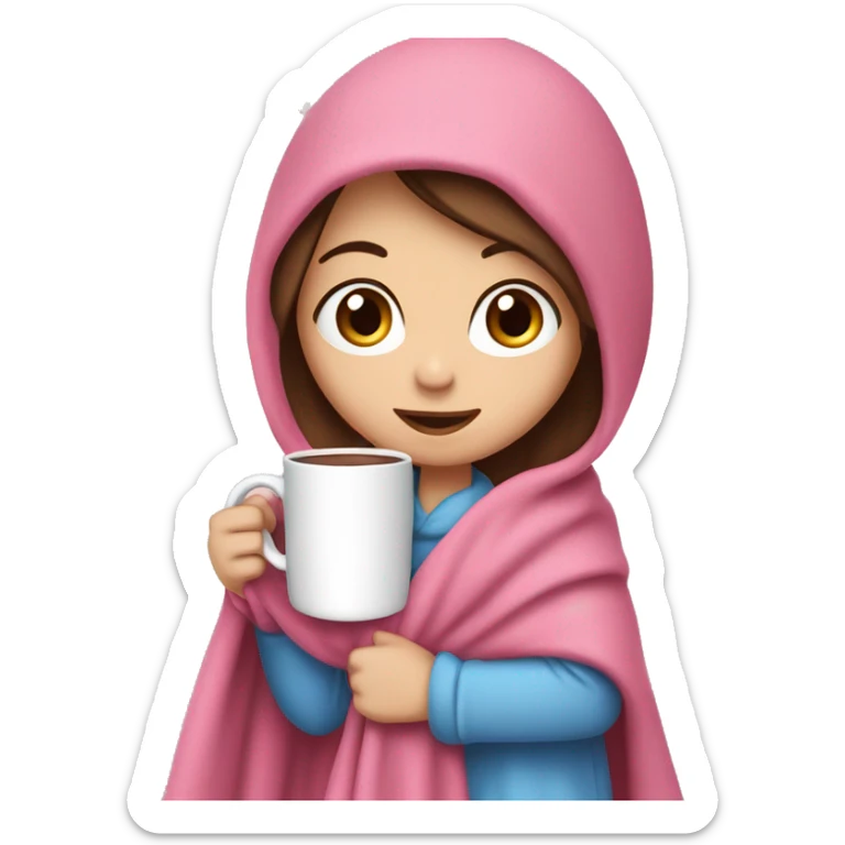 girl with brown hair and blue eyes covered in a pink blanket, drinking hot chocolate in a white mug ￼ sticker