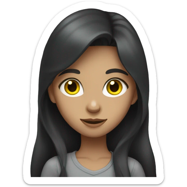 A girl with long dark hair. She has green eyes and a gray cat with yellow eyes on her hands sticker
