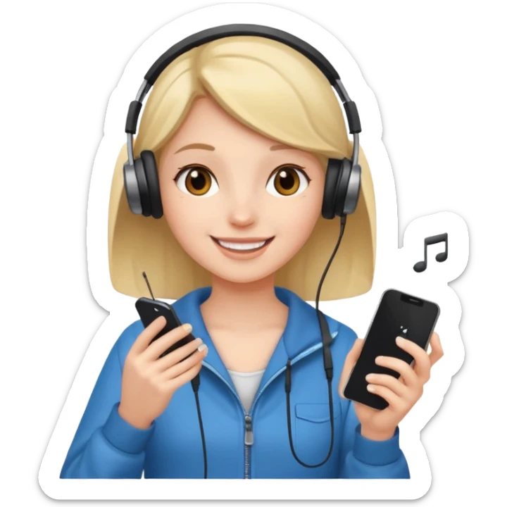 Girl listening to music with earphone and phone in hand sticker