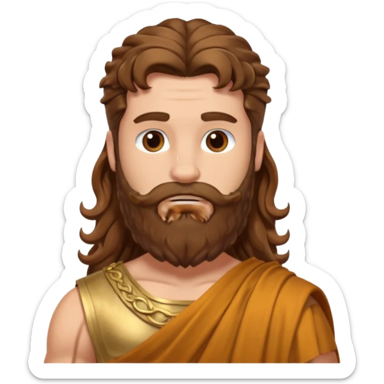 Hercules from The Olympians with long brown wavy hair and beard, bronze toga sticker