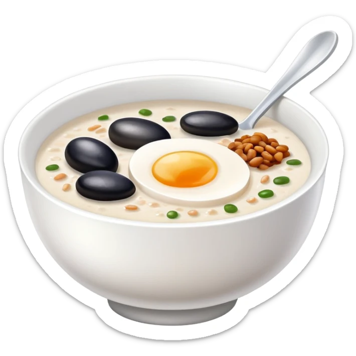 Guangzhou rice porridge congee with century egg and pork, simplified emoji style with bold outlines and bright colors, cartoon style Southern Chinese breakfast bowl sticker