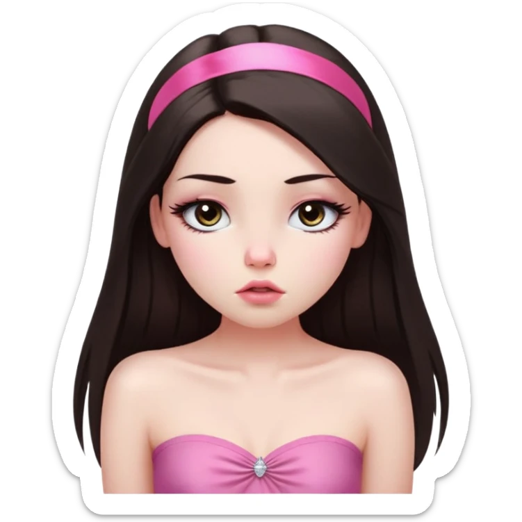 girl with white skin, dark brown long straight hair falling in front of her body, pouty shiny lips without cupid's bow, shiny large eyes with long eyelashes, lighter button nose, very long oval-shaped face, wearing a pink bandeau top with straight neckline, looking directly at camera with hands down at sides sticker
