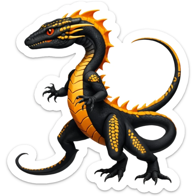 Magmatic fiery badass cool obsidian-Black and golden-orange Helioptile-Amaura-Salandit-Fakémon-hybrid-creature (full body)  sticker
