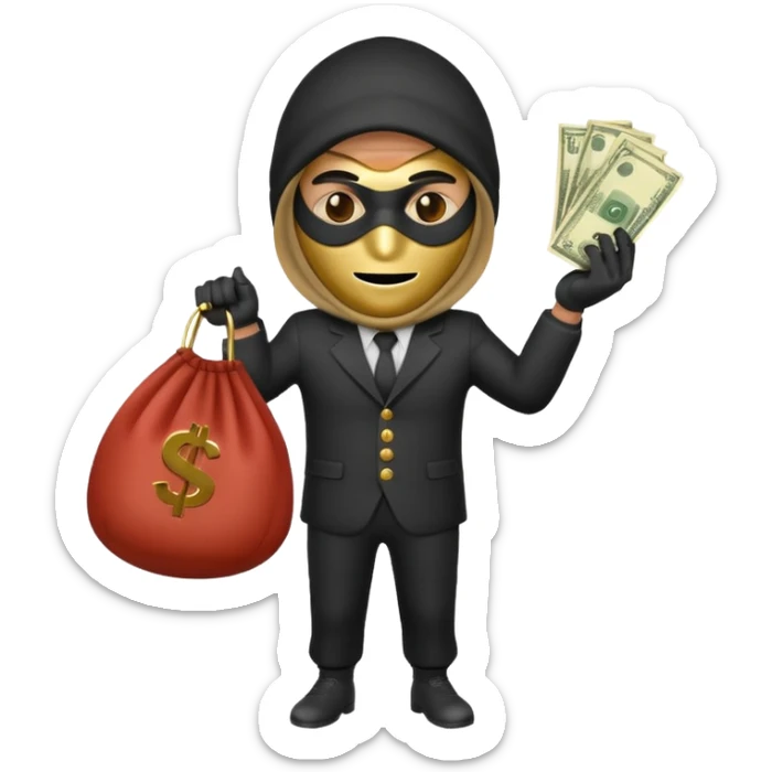 Robber emoji holding a 💰 wearing a mask that is made of robber suit without showing his hand the 💰 need to be in the left without is showing hands sticker