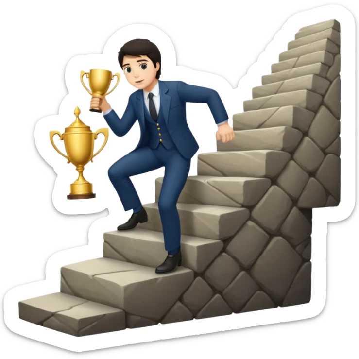 UN HOMBRE DE PIEL CLARA Y PELO OSCURO SUBIENDO ESCALERAS LARGAS PARA ALCANZAR UN TROFEO sticker