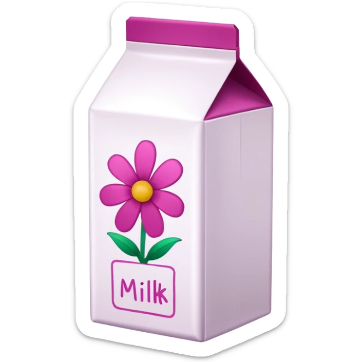 a white TINE milk carton with magenta trim border and magenta text that says "MILK", with tiny magenta flower blossoms doodles on it  sticker