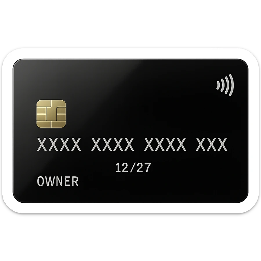 Add the name 'OWNER' and show the card number as XXXX XXXX XXXX XXXX, keeping the style shiny, modern, and minimal, with no background. The style should be shiny, modern, and minimal. sticker