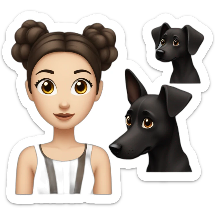 White women with long dark brown hair and long eyelashes dark brown eyes and thick dark brown eyebrows and black dog with a white stripe on the neck and ears raised up sticker