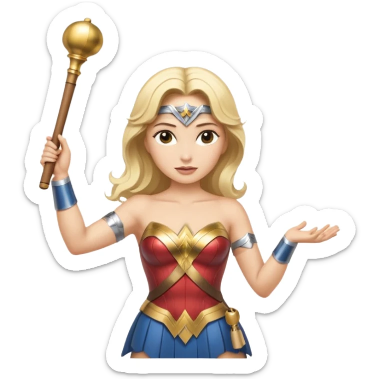 Blonde Wonder Woman holding short white orchestra conductor’s baton and bell sticker