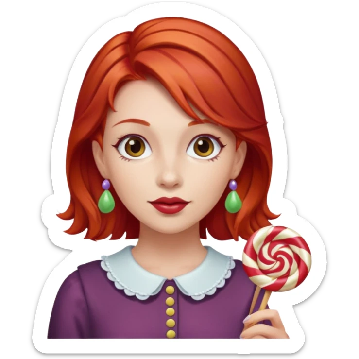 red hair woman with sweet treat accessories, not holding a candy sticker