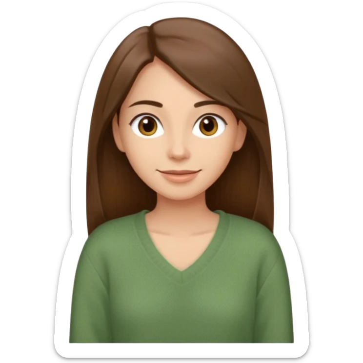 Happy woman with a long straight brown hair, brown eyes in a sage green sweater with a V-neck sticker