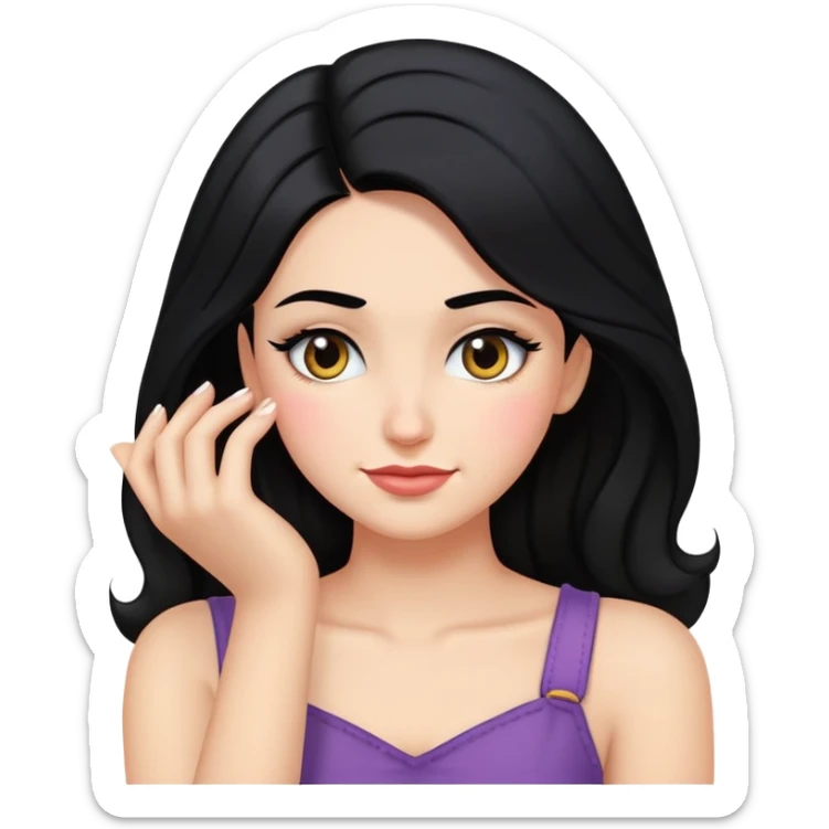 smirking face looking down with makeup, black hair, one hand in hair, very emoji-like sticker