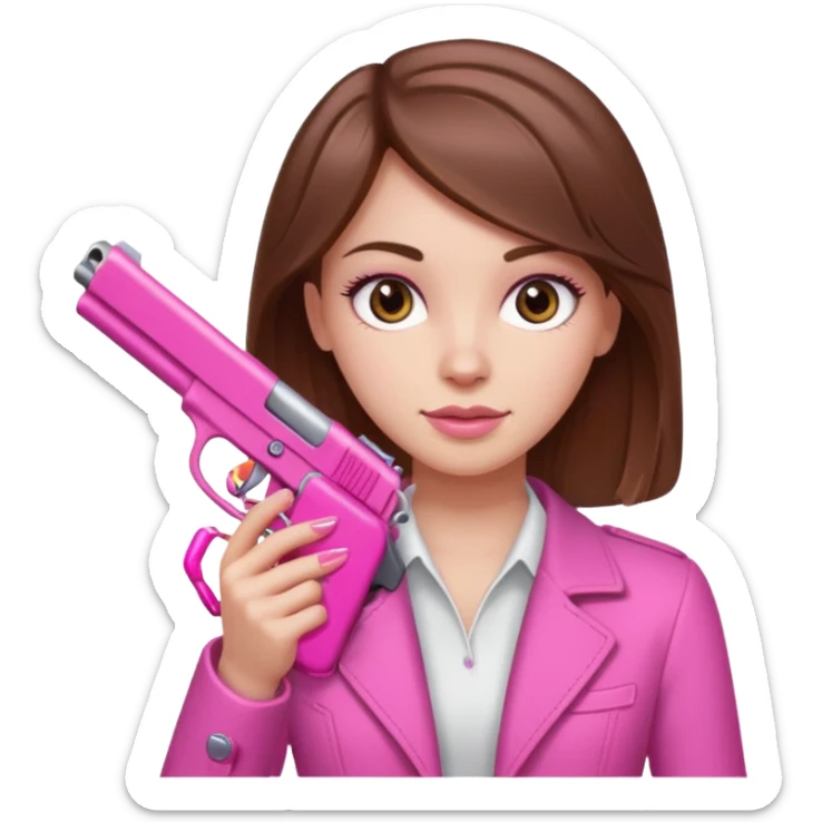 White Girl brown hair hand pink nails holding pink gun sticker