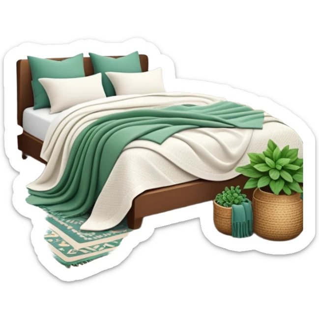 cozy modern boho bedroom with many houseplants, layered rugs, and piles of textured blankets and pillows sticker