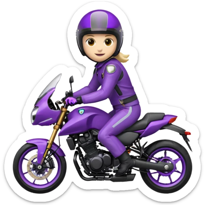 Créer un emoji avec une moto mt07 sport noir mate / violet iridescent très foncé, pare-brise de la moto violet. Avec une pilote dessus, visage complet caché  par la visière violette . Avec en arrière plan cercle violet. sticker