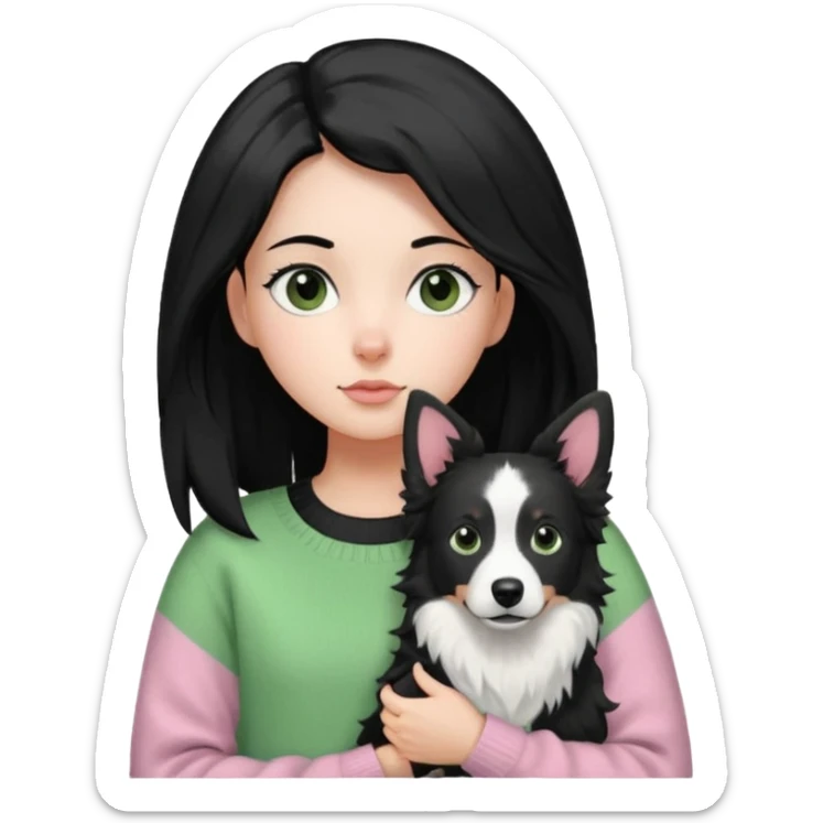 close-up of girl with side parted long black hair, wearing a light pink and green sweater, carrying a black and white border collie with perked ears sticker
