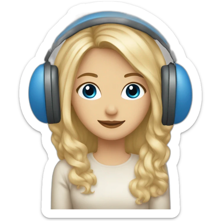 Femme yeux bleus, cheveux longs et blonds, avec un casque musique beige sticker