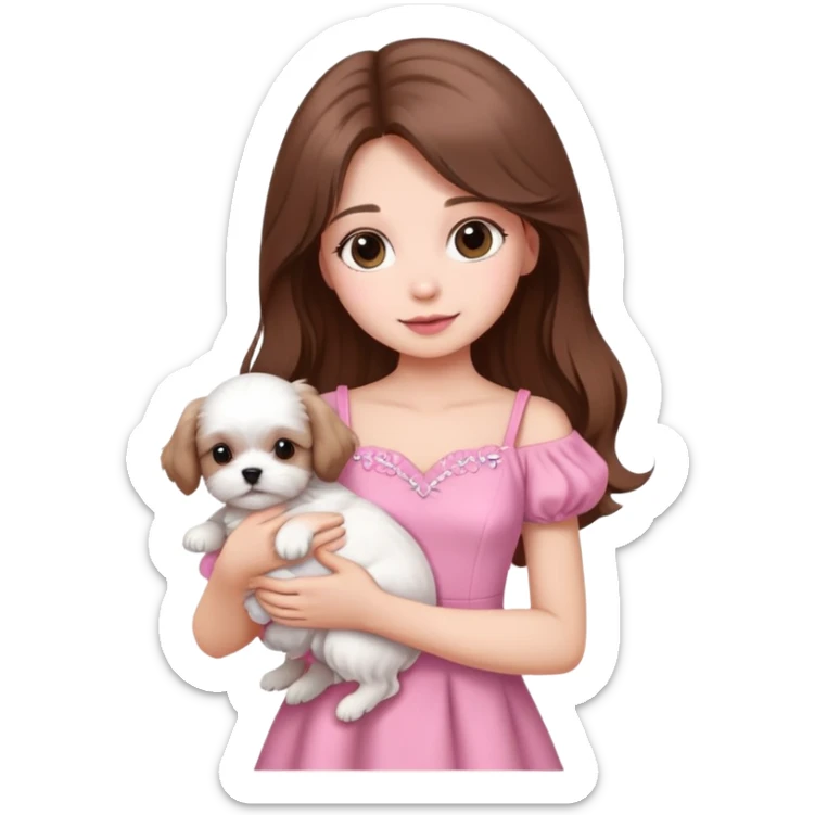 beautiful girl with long hair wearing pink dress holding a white Maltese puppy sticker
