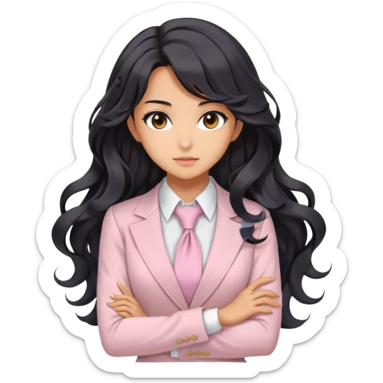 Pretty anime girl with flowing black wavy hair in a professional but feminine pastel outfit, confident boss lady pose sticker