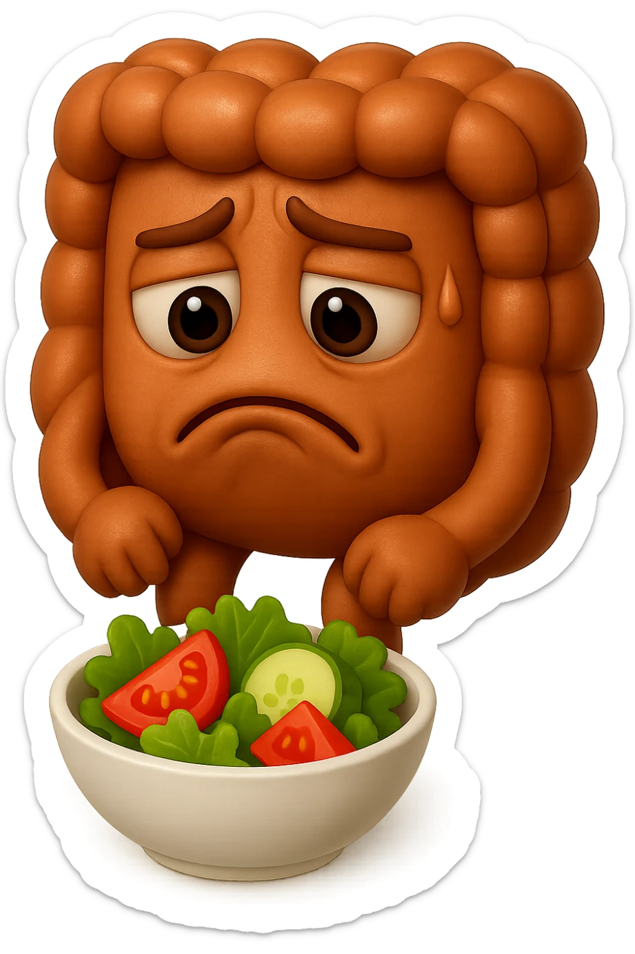 EMOJI STILE IPHONE DI UN INTESTINO UMANO ANATOMICO CHE GUARDA UN INSALATA CON ESPRESSIONE TRISTE E RASSEGNATA IN VOLTO: SOFFRE LA FAME PERCHé è A DIETA, FAGLI ANCHE LA PARTE BIANCA DEGLI OCCHI, NON SOLO LE PUPILLE, IPERREALISTICO 4K sticker