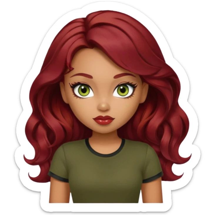 a pretty fair bratz girl with wavy dark red hair, wearing a black tee. eyeliner on, olive green eyes. Till Waist \ sticker