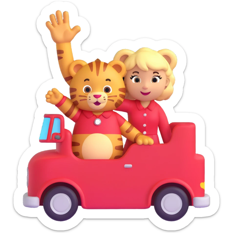 Daniel Tiger and Taylor Swift together, waving, colorful and playful, 3D emoji style sticker