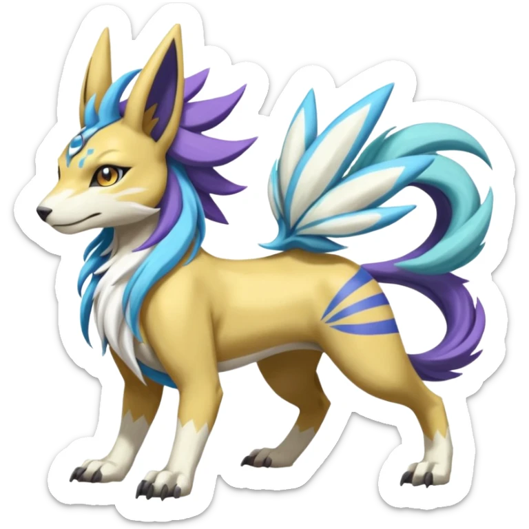 Colorful Skilled Adept Graceful Asian Painted WereGarurumon-Suicune-Linoone-Meloetta-Renamon-fusion-hybrid-creature (full body) sticker