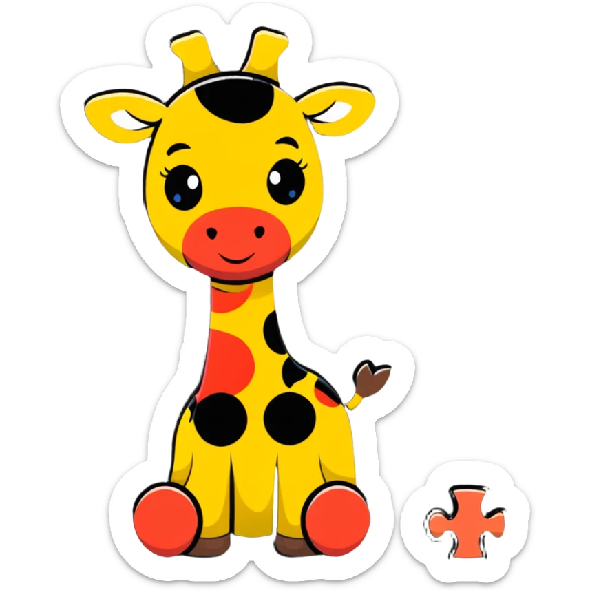 A cartoon wooden puzzle giraffe toy with a sweet face and visible puzzle pieces sticker