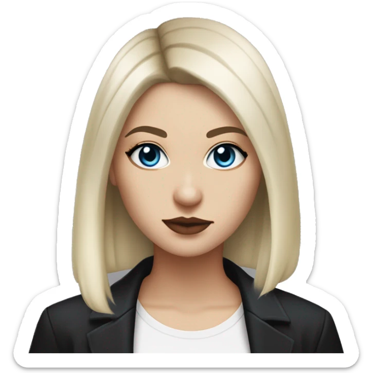 waist-length portrait, Slavic adult woman, goth eyes makeup, blue eyes, medium bob black-to-blonde ombre straight hair, white T-shirt and black office jacket. sticker