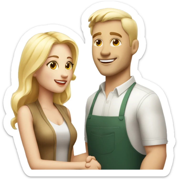 adult restaurant owner with white skin and blogger with white skin and blonde hair shaking hands in great detail and full height sticker