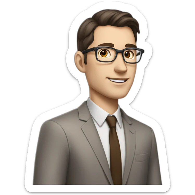 Pale skinned fit man with dark brown hair in gray jacket, beige office shirt, brown tie, brown pants and vintage glasses Writing text on a flipchart sticker