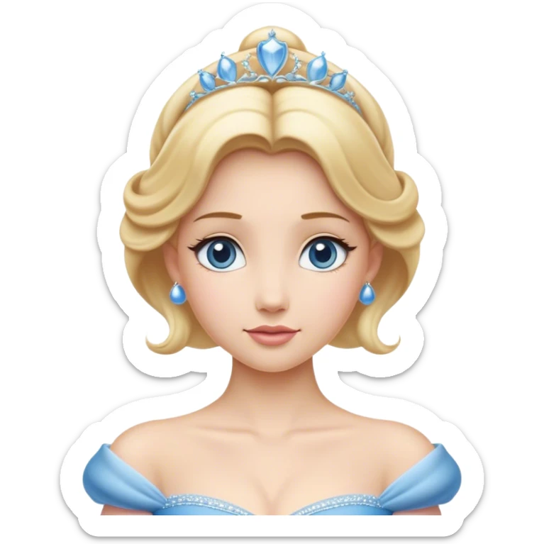 Cinematic Elegant Cinderella Portrait Emoji, rendered in a beautifully detailed, vector-style with minimal shading and bold, simplified shapes. Depict Cinderella in her classic ball gown (chest and above) with fair, porcelain skin and elegantly styled blonde hair, her eyes soft and kind, and her expression serene and graceful. The design glows with a gentle, enchanting radiance and high shine, capturing the timeless beauty of a fairy tale princess. sticker