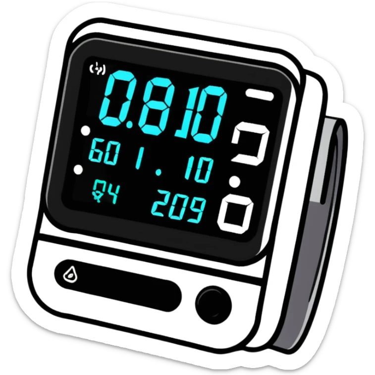Digital blood pressure monitor showing high reading with numbers on display, hypertension sticker