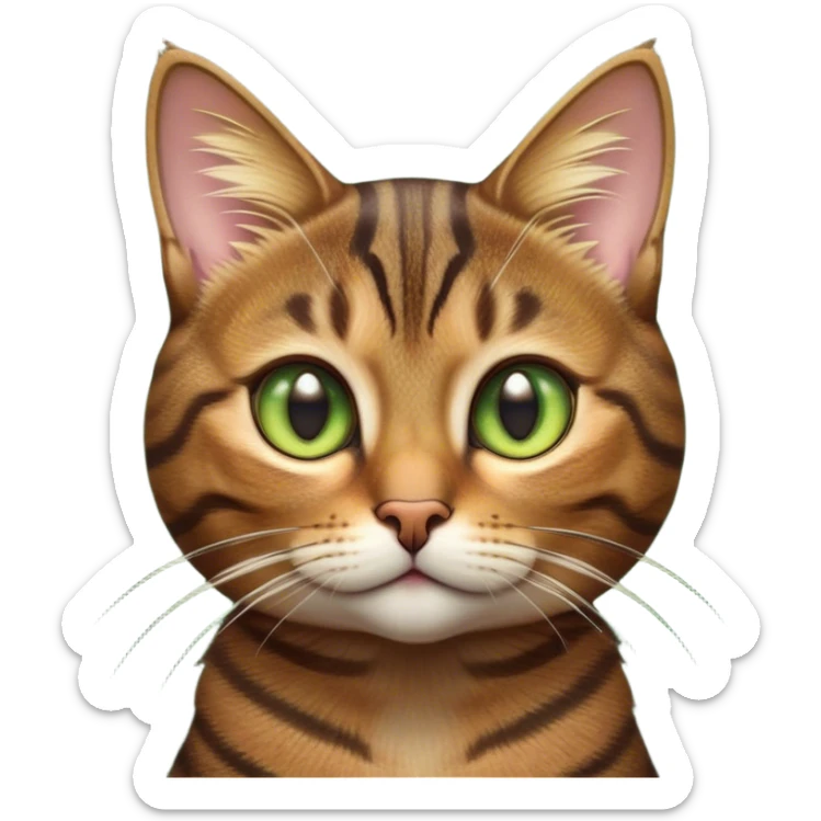 Cinematic Cute Brown Tabby Cat Portrait Emoji, Head tilted playfully and inquisitively, soft brown fur with rich dark tabby stripes and a distinctive M-shaped marking on the forehead, wide, sparkling golden-green eyes filled with curiosity, Simplified yet irresistibly adorable features, highly detailed, glowing with a warm, friendly glow, high shine, affectionate and lively, stylized with a touch of whimsy, bright and endearing, soft glowing outline, capturing the essence of a mischievous yet loving kitten, so playful it feels like it could pounce out of the screen and into your arms! sticker