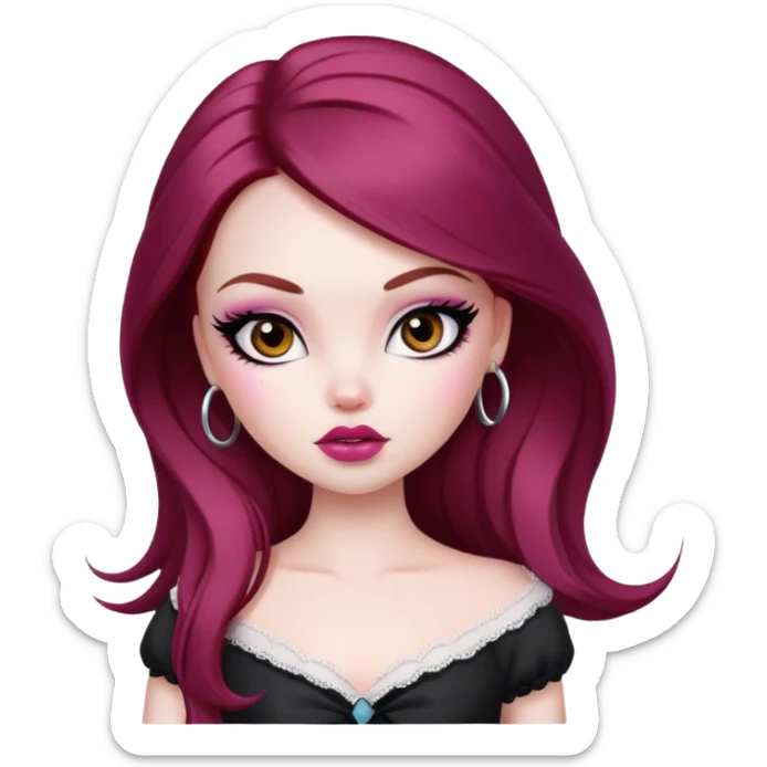 pretty bratz girl, tall, pale skin, dark red hair,  long hair, brown eyes, black eyeliner sticker
