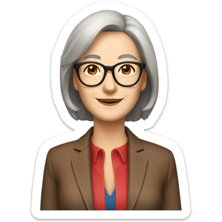 Woman in her 60s, with brown hair, pale skin, glasses, brown eyes, smiling wearing a red blazer, collared shirt,  jeans sticker