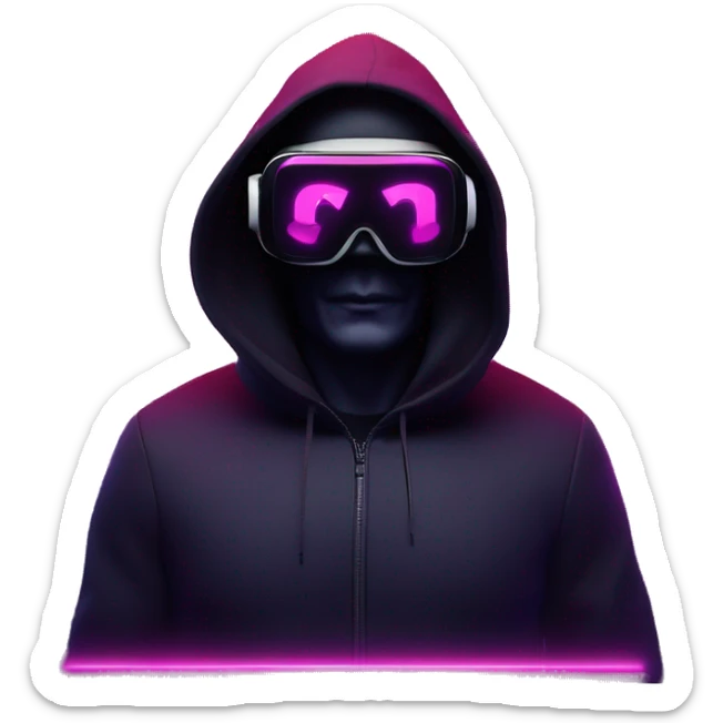 Vladimir Putin wearing a black hoodie with "OMG" letters on it and VR headset oculus quest 2 in a cyberpunk VR environment with violet neon lighting. sticker