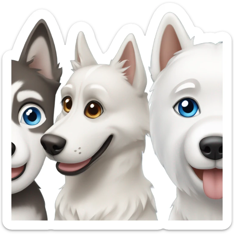 3dog : One. Grey Husky with blue eyes, a beige HUSKY with brown eyes and a white Westies sticker