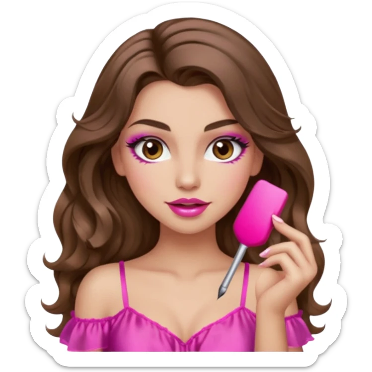 girl with long wavy brown hair, brown eyes, long lashes makeup, sexy pink lips, light to medium complexion, wearing a pink sexy silk top, winking  sticker