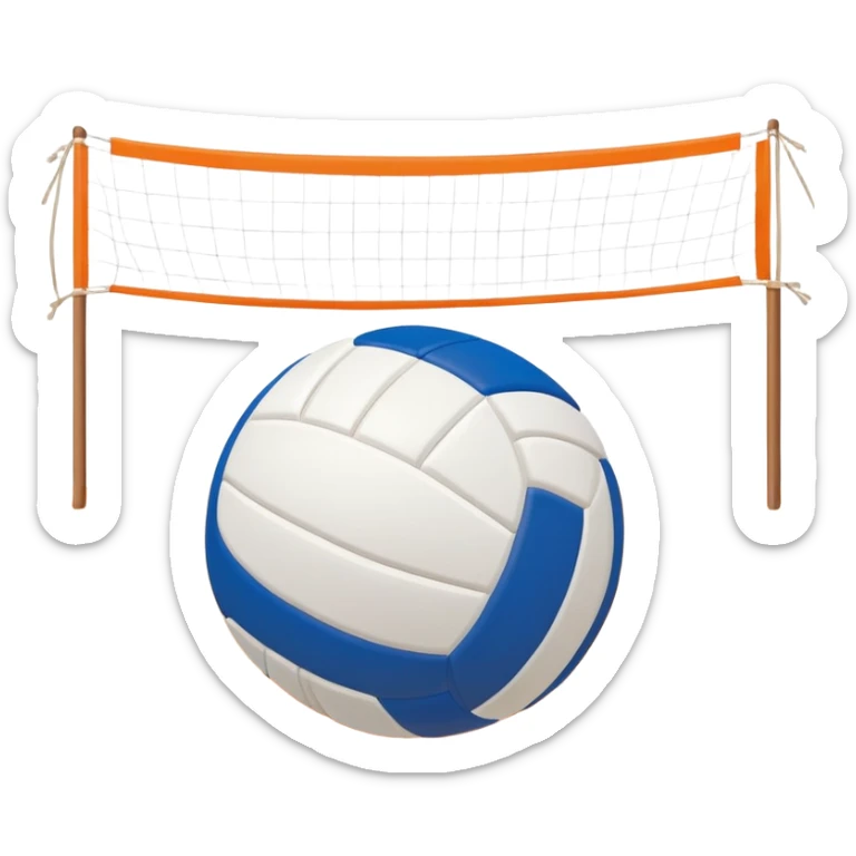 The scene captures a sunny sea beach atmosphere with clear blue sea and sky, palm trees swaying. A volleyball resting on the orange sand ground of a beach, with a volleyball net in the background.  sticker