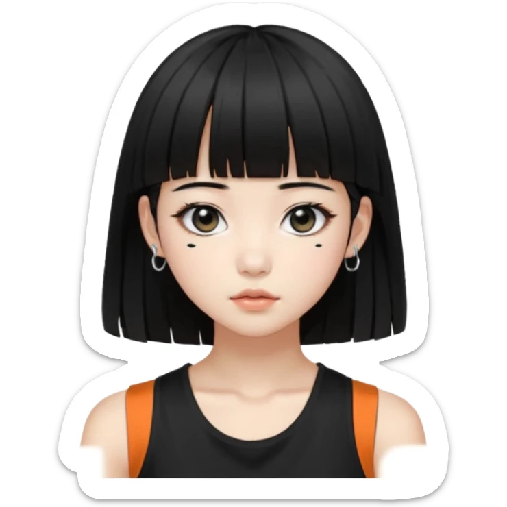 Korean girl, black tank top, black hair, black eyes, layered hair, cool girl, aesthetic, long hair, hime cut, blunt bangs, small silver hoop earrings sticker