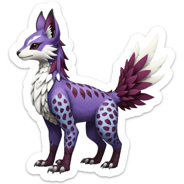 Feral Rare realistic edgy burgundy-purple pretty beautiful handsome gorgeous aesthetic colorful vibrant Vernid-Trico-Silvally-Nargacuga-Gryphon-fusion-hybrid-species-Fakemon-creature by LiLaiRa, random markings, tufted ears, full body with snow-leopard-pattern-markings sticker