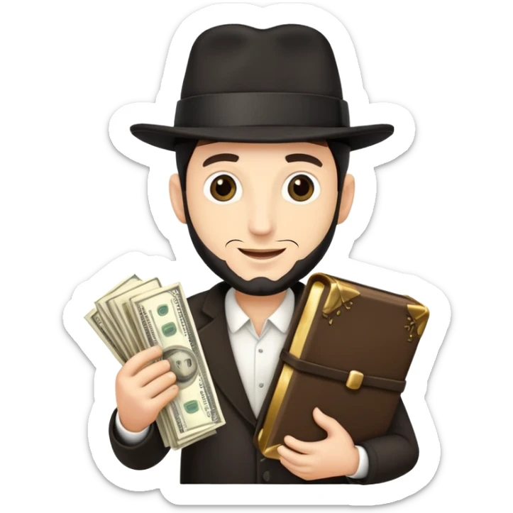 Jewish man with Jewish black hat holding money and Torah greedily sticker