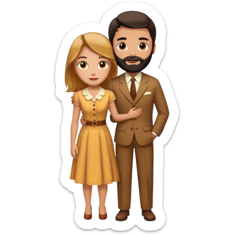 Couple. Bald man with dark brown-black beard. White woman with many small, faded freckles, she has white skin and she has auburn-yellow-brown-cinnamon, dark long hair. She has light brown eyes. The man have hazel eyes. Retro style. They hug. sticker