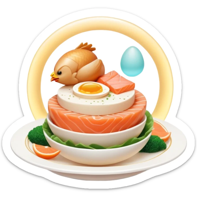 Floating plate with ethereal icons of golden egg, salmon fillet, bright chicken breast, and translucent tofu block, all orbiting a central double helix symbol, with soft light expanding towards a glowing muscular figure sticker